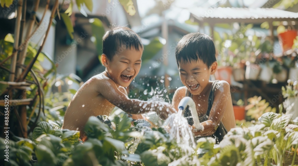 Asian boys playing with water hose in a garden. Concept of children, outdoor fun, summer activity, sibling camaraderie Asian boys playing with water hose in a garden. Concept of children, outdoor fun, summer activity, sibling camaraderie