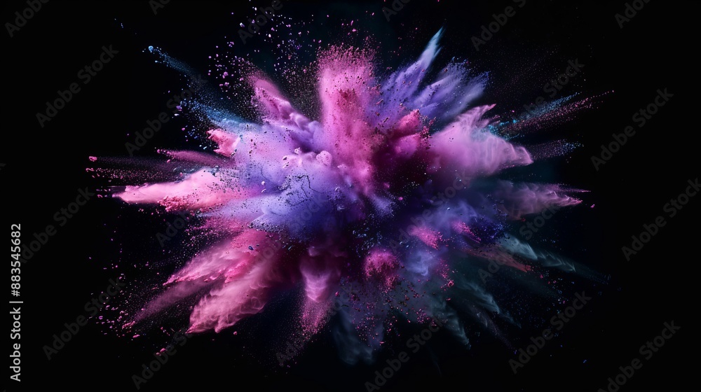 Freeze motion illustration of an explosion of pink violet and blue powder depicting the dynamic movement and color dispersion of powder exploding Freeze motion illustration of an explosion of pink violet and blue powder depicting the dynamic movement and color dispersion of powder exploding