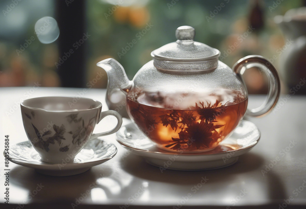 Herbal tea in a porcelain teapot with a matching teacup in an elegant tea room Herbal tea in a porcelain teapot with a matching teacup in an elegant tea room