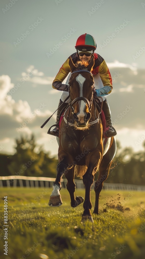 Female jockey riding a horse. Concept of woman athlete, horse racing, equestrian sport, competitive riding. Vertical Female jockey riding a horse. Concept of woman athlete, horse racing, equestrian sport, competitive riding. Vertical