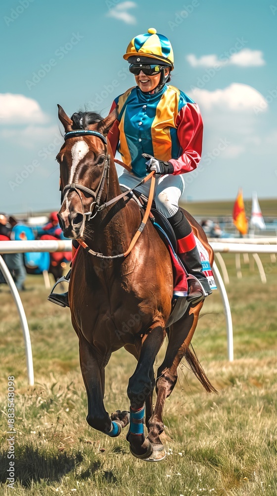 Female jockey in colorful racing attire riding a horse. Concept of woman athlete, horse racing, equestrian sport, competitive riding. Vertical Female jockey in colorful racing attire riding a horse. Concept of woman athlete, horse racing, equestrian sport, competitive riding. Vertical