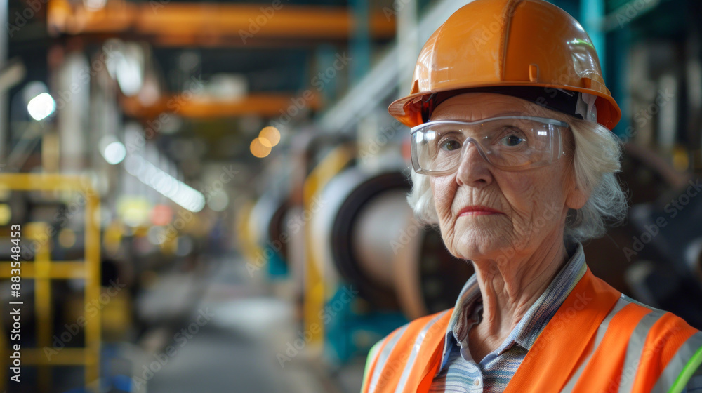 Elderly Caucasian woman in safety gear in an industrial factory. Concept of senior worker, industrial safety, manufacturing, elderly employment. Copy space Elderly Caucasian woman in safety gear in an industrial factory. Concept of senior worker, industrial safety, manufacturing, elderly employment. Copy space