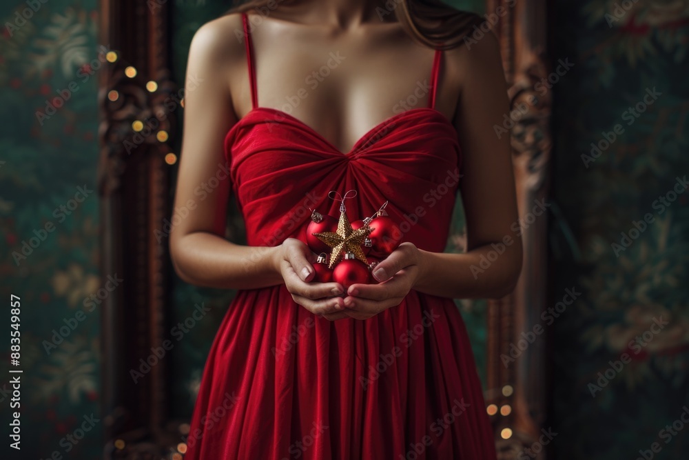 A woman wearing a bright red dress holds decorative ornaments, perfect for use in editorial or commercial content A woman wearing a bright red dress holds decorative ornaments, perfect for use in editorial or commercial content