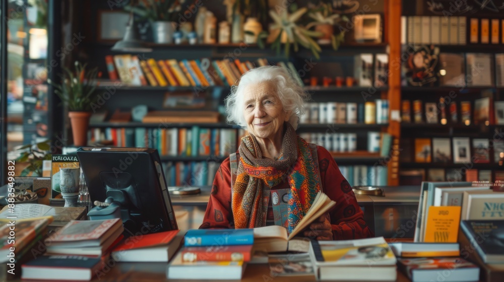Elderly female librarian with white hair, wearing a colorful scarf, sitting at a desk in a cozy library surrounded by books. Concept of literature, knowledge, senior professional, welcoming atmosphere Elderly female librarian with white hair, wearing a colorful scarf, sitting at a desk in a cozy library surrounded by books. Concept of literature, knowledge, senior professional, welcoming atmosphere