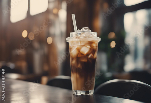 Iced coffee in a tall glass with ice cubes and a straw in a trendy urban cafe