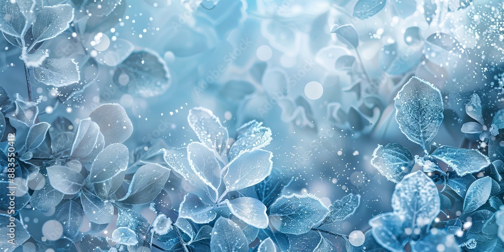 Frost-covered leaves with bokeh light effects. Concept of winter nature, icy plants, cold weather, seasonal beauty. Copy space. Winter background Frost-covered leaves with bokeh light effects. Concept of winter nature, icy plants, cold weather, seasonal beauty. Copy space. Winter background