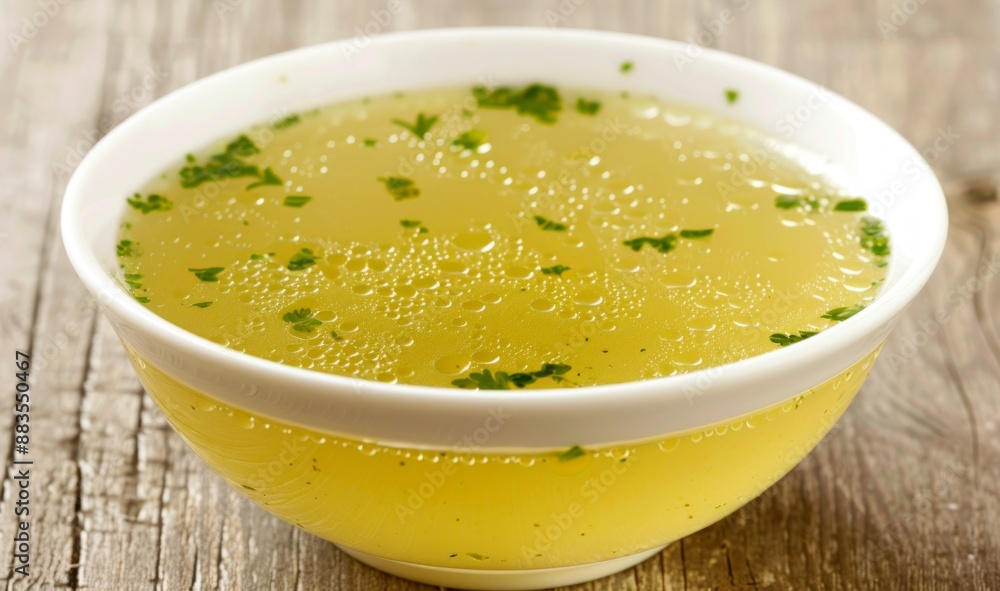 Bowl of chicken broth with parsley garnish in white bowl on wooden table. Concept of hot soup, comfort food, homemade cooking, savory meal Bowl of chicken broth with parsley garnish in white bowl on wooden table. Concept of hot soup, comfort food, homemade cooking, savory meal
