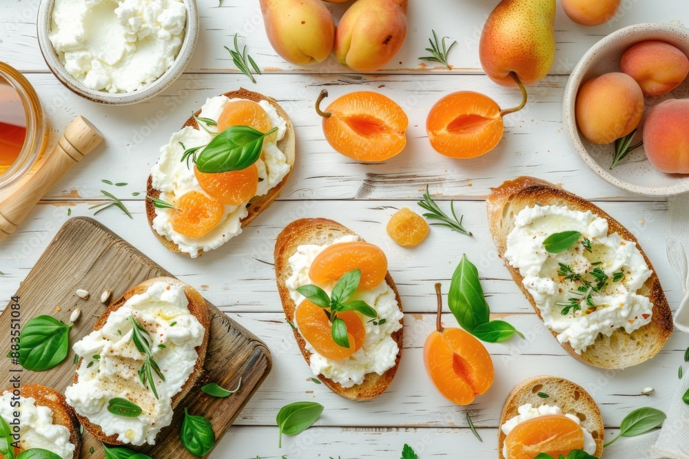A plate of sliced bread topped with melted cheese and fresh fruit A plate of sliced bread topped with melted cheese and fresh fruit