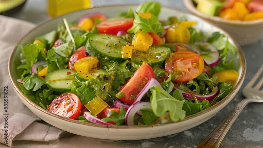 A colorful salad with avocado oil as the star ingredient creating a creamy and flavorful dressing. A colorful salad with avocado oil as the star ingredient creating a creamy and flavorful dressing.