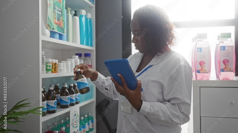 Woman reviewing products in pharmacy with tablet checking medications on shelf indoors Woman reviewing products in pharmacy with tablet checking medications on shelf indoors