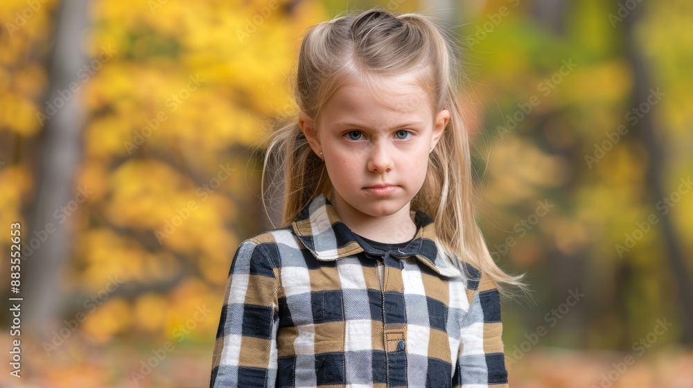 Serious Girl in Plaid Shirt Outdoors in Autumn Serious Girl in Plaid Shirt Outdoors in Autumn