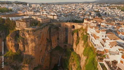 Aerial view of the Ronda medieval town at sunset, Andalusia, Spain
