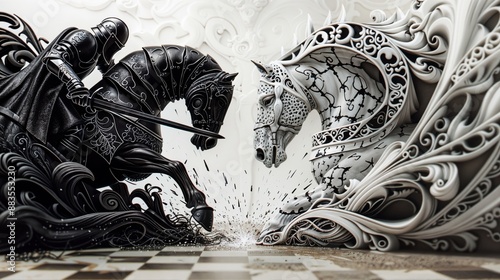 Epic Black and White Knight Battle on Chessboard with Ornate Horses photo