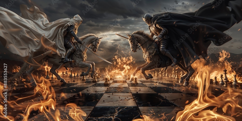 Epic Knight Battle on Flaming Chessboard Amidst Dramatic Skies Epic Knight Battle on Flaming Chessboard Amidst Dramatic Skies