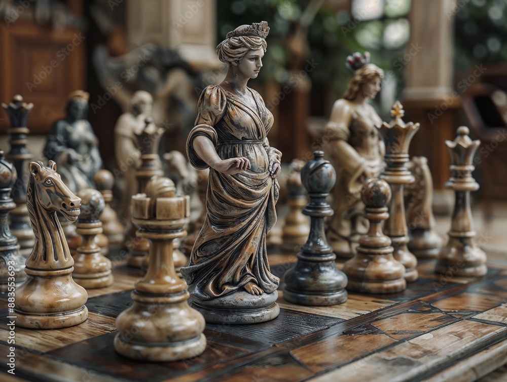 Fototapeta premium Close-Up of Elegant Chess Pieces on Ornate Wooden Chessboard