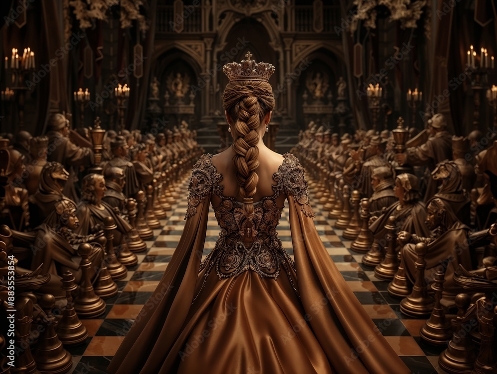 Obraz premium Elegant Queen in Royal Gown at Chessboard Ceremony in Grand Hall