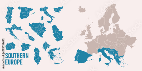 Southern Europe map. Italy, portugal, spain, croastia, greece, malta. maps with regions. Europe map isolated on white background. High detailed. photo