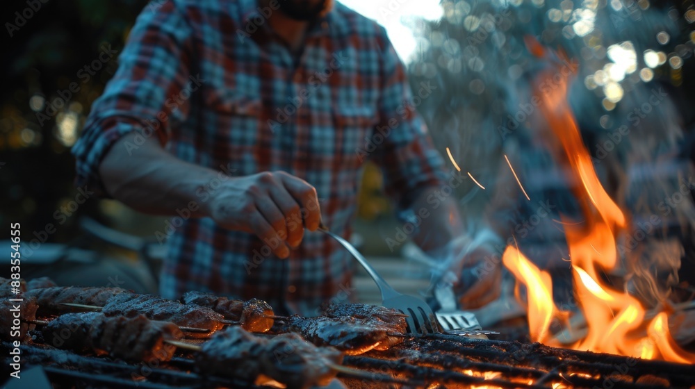 Fototapeta premium Man cooking meat on outdoor grill, suitable for food related content