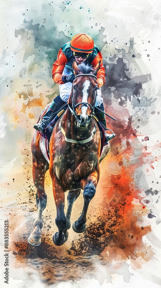 Naklejka premium Watercolor art of a racehorse with jockey wearing colorful attire. Concept of horse racing, equestrian sport, speed, competition. Vertical