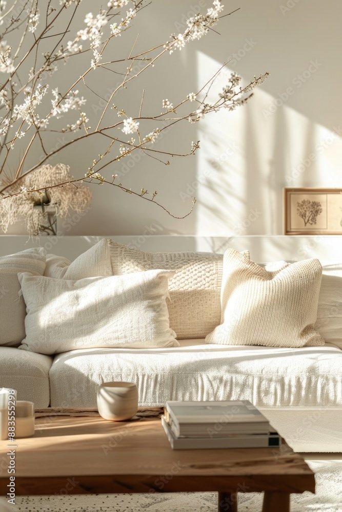Cozy living room with a white couch and a coffee table Cozy living room with a white couch and a coffee table