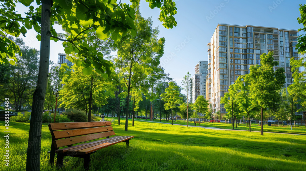 Fototapeta premium Overall Feel,The wooden decorative bench stands as a symbol of comfort and beauty, perfectly harmonizing with its natural surroundings in the city park, inviting everyone to pause and enjoy the moment