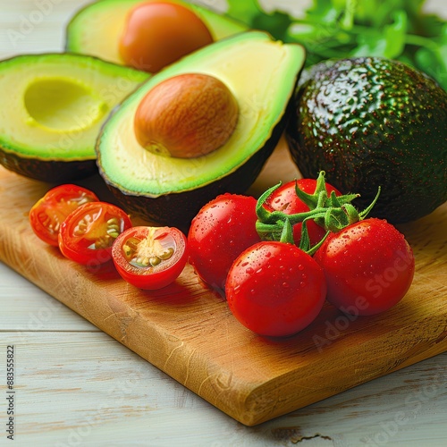 A detailed photo of ripe avocados and cherry tomatoes on a cutting board