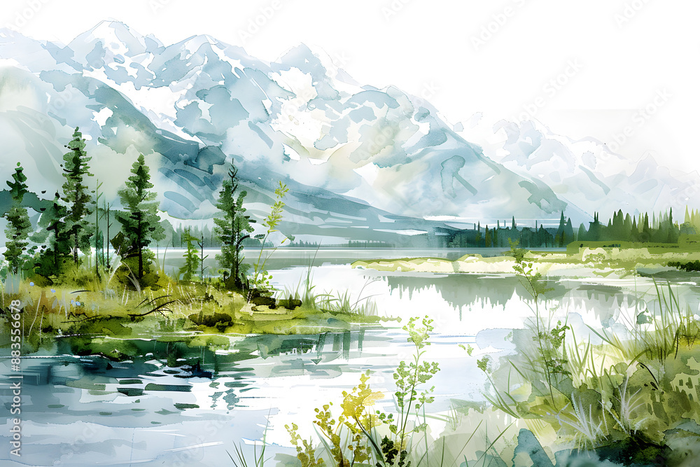 Naklejka premium Watercolor landscape of Alaska's countryside