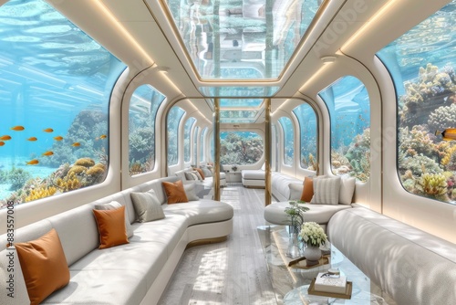 Futuristic underwater living room with large glass windows showcasing vibrant coral reef and exotic fish photo