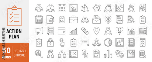 Action plan editable stroke line icons set. Containing as Strategy, tasks, goal, action, planning and analysis. Vector Illustration