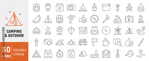 Camping and Outdoor editable stroke outline Icons set. Map, tourism, camping, hiking, direction, bonfire, backpack and tent. Vector illustration