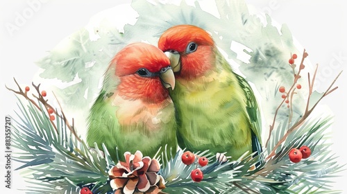 Watercolor lovebirds perched on branches with holly berries. Concept of nature, love, bird art, festive season, Christmas, a pair of parrots