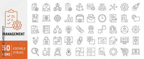 Management editable stroke outline icons set. Management, mission, growth, achievement, teamwork, strategy and communication. Vector illustration