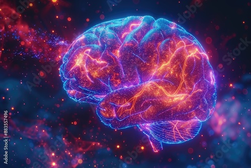 Glowing Blue and Orange Digital Brain with Red and Purple Space Background photo