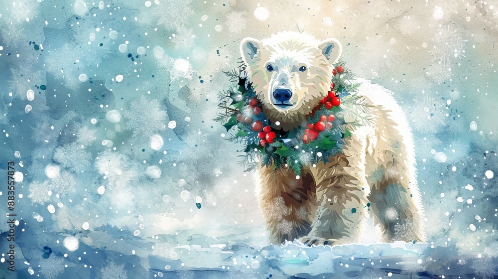 Watercolor painting of a polar bear wearing a festive wreath in a snowy landscape. Concept of wildlife, winter season, holiday celebration, arctic animal, Christmas. Copy space Watercolor painting of a polar bear wearing a festive wreath in a snowy landscape. Concept of wildlife, winter season, holiday celebration, arctic animal, Christmas. Copy space