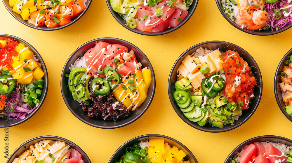 poke bowls on yellow background poke bowls on yellow background