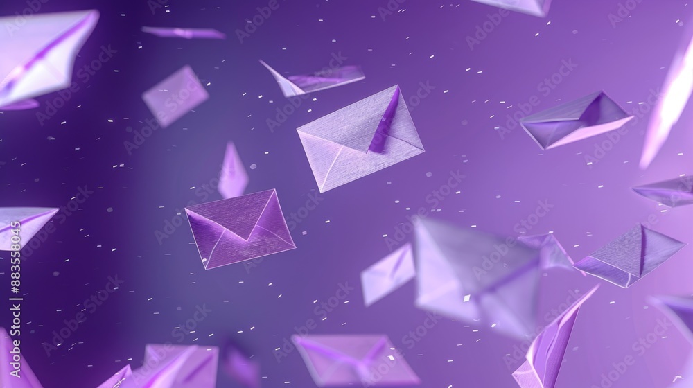 Fototapeta premium A group of purple envelopes are seen flying through the air, conveying important messages