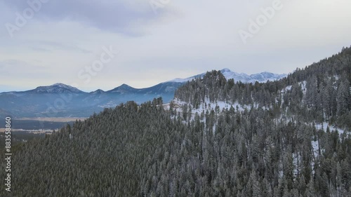 Winter drone shot of Rocky Mountains in Colorado, USA