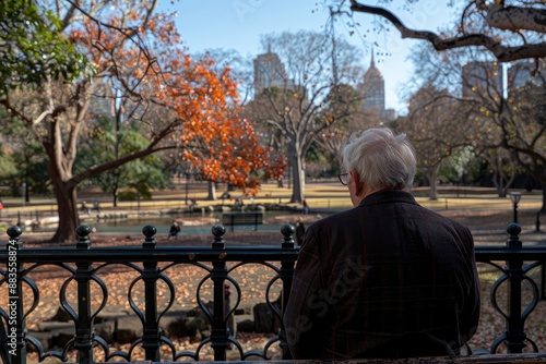 Elderly man in a park enjoying the autumn foliage photo