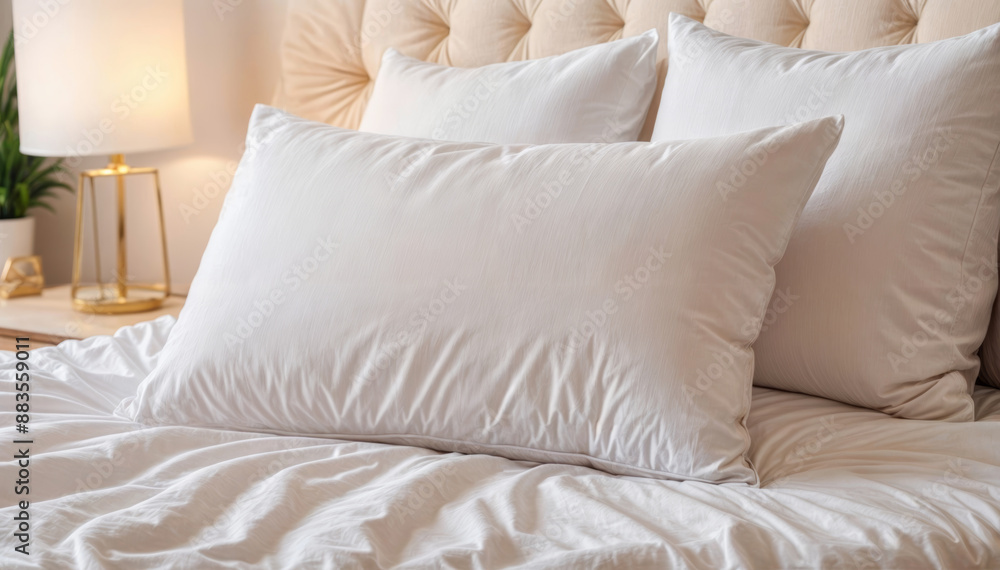 Obraz premium white pillow on the bed in low light room.