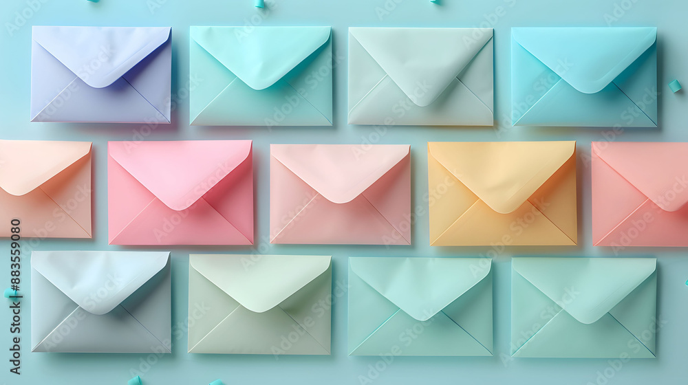 Colorful envelopes arranged in a grid pattern on a light blue background, showcasing pastel shades for invitation, mail, or stationery needs. Colorful envelopes arranged in a grid pattern on a light blue background, showcasing pastel shades for invitation, mail, or stationery needs.