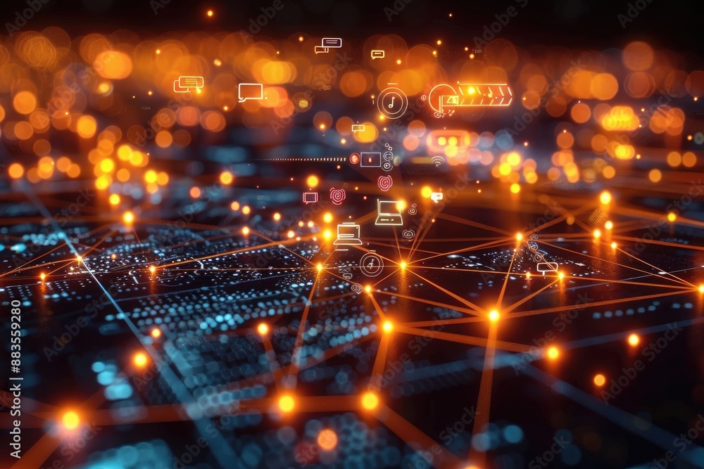 Obraz premium Glowing orange and blue circuit board with social media and technology icons