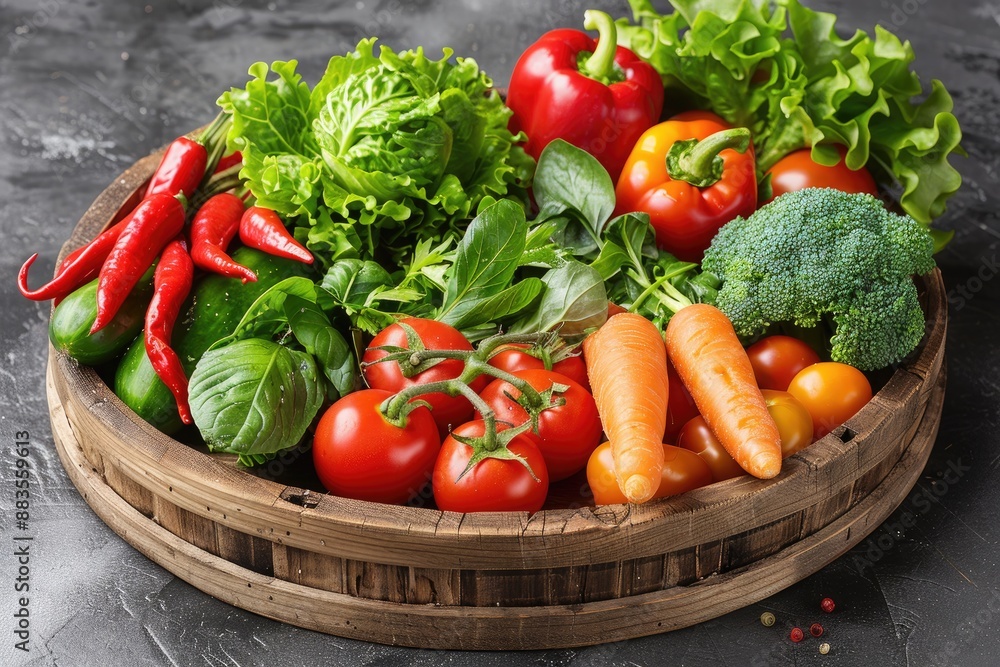 Fresh and colorful vegetables and herbs in a wooden basket Fresh and colorful vegetables and herbs in a wooden basket