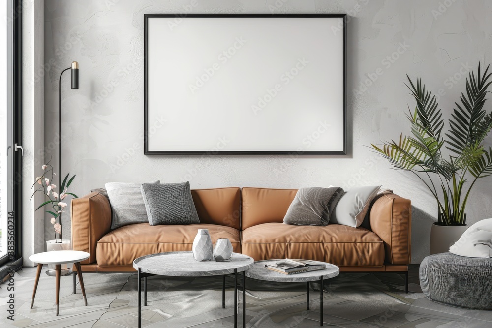 Modern Minimalist Living Room with Blank Frame Mockup, Brown Leather Sofa, and Trendy Decor. Interior Design Inspiration. Modern Minimalist Living Room with Blank Frame Mockup, Brown Leather Sofa, and Trendy Decor. Interior Design Inspiration.