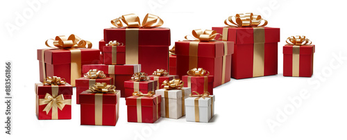 Christmas presents wrapped in red festive wrapping paper with gold bow, lined up, in row, shiny gold and deep dark red, festive gift boxes photo