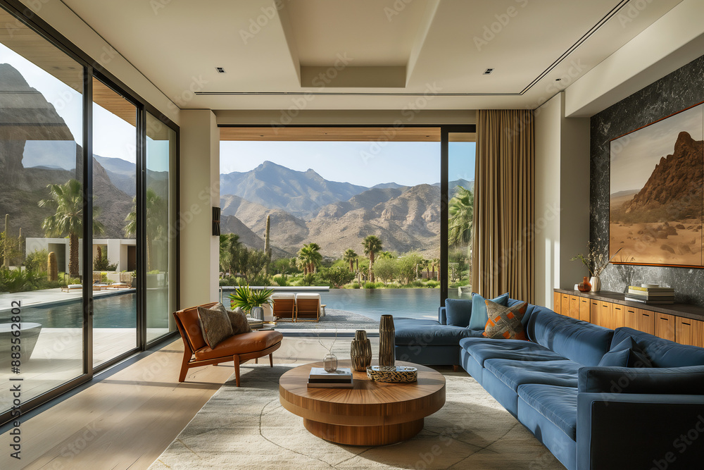 Mid-Century modern living room with blue velvet sectional, large windows overlooking pool and desert landscape, copy space Mid-Century modern living room with blue velvet sectional, large windows overlooking pool and desert landscape, copy space