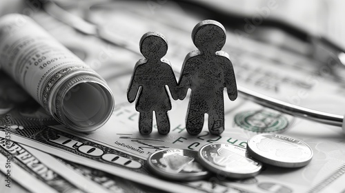 An illustrative representation of health insurance featuring two metal figures symbolizing a family unit on a backdrop of US currency, with coins and a rolled document nearby photo