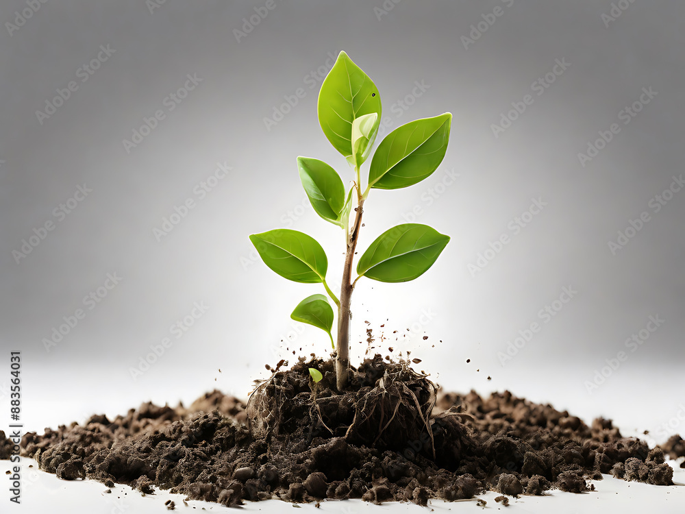 A fresh plant sprout with small leaves breaking through the soil, isolated against a white background A fresh plant sprout with small leaves breaking through the soil, isolated against a white background
