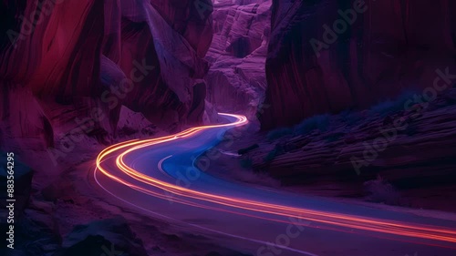 The stillness of a canyon is broken by the constant movement of light trails from cars creating a sense of life and energy in the otherwise silent landscape. photo