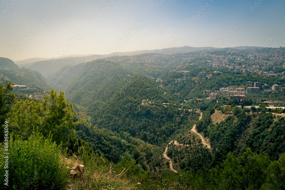 view from the top of the mountain of the green landscapes of lebanon