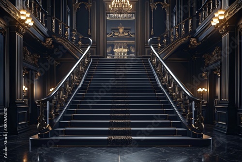 Regal golden Carpet Staircase with Ornate Golden railing, luxury Interior design